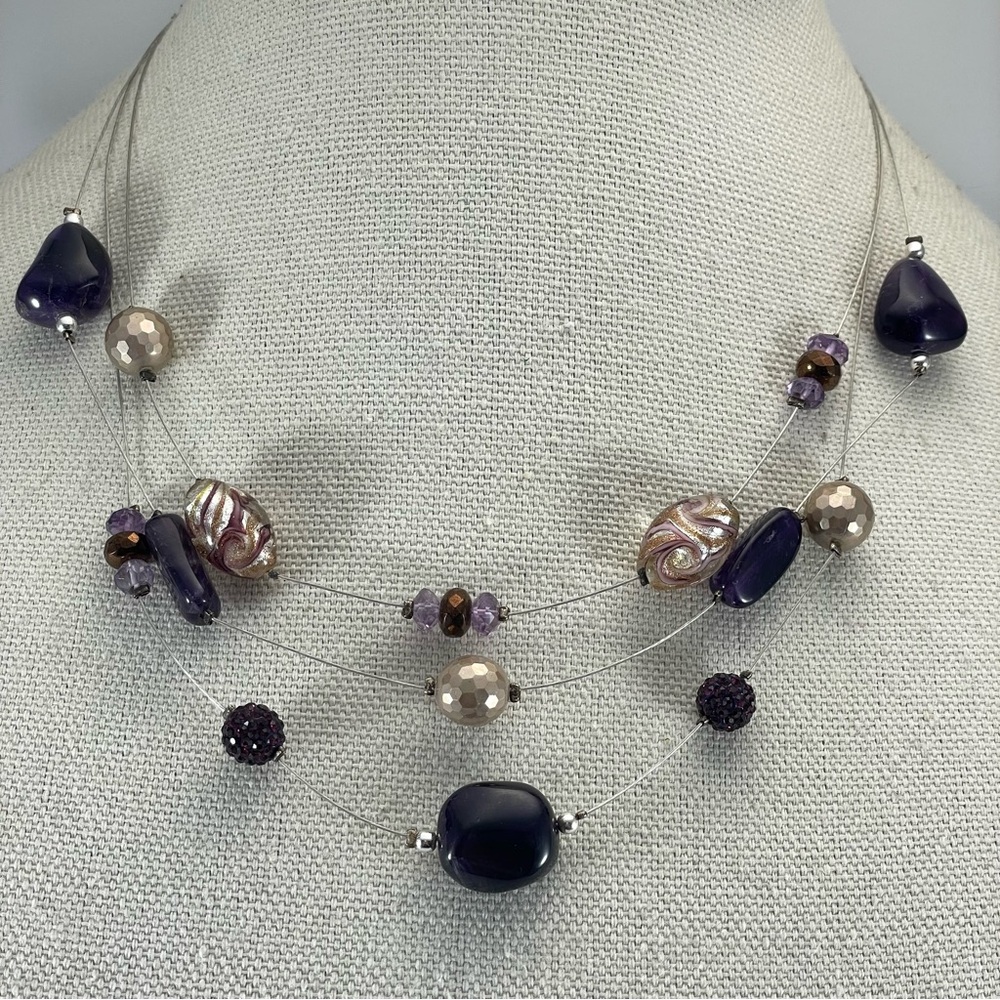 925 Sterling Silver Unsigned Artisan Amethyst Blown Glass Beaded Necklace